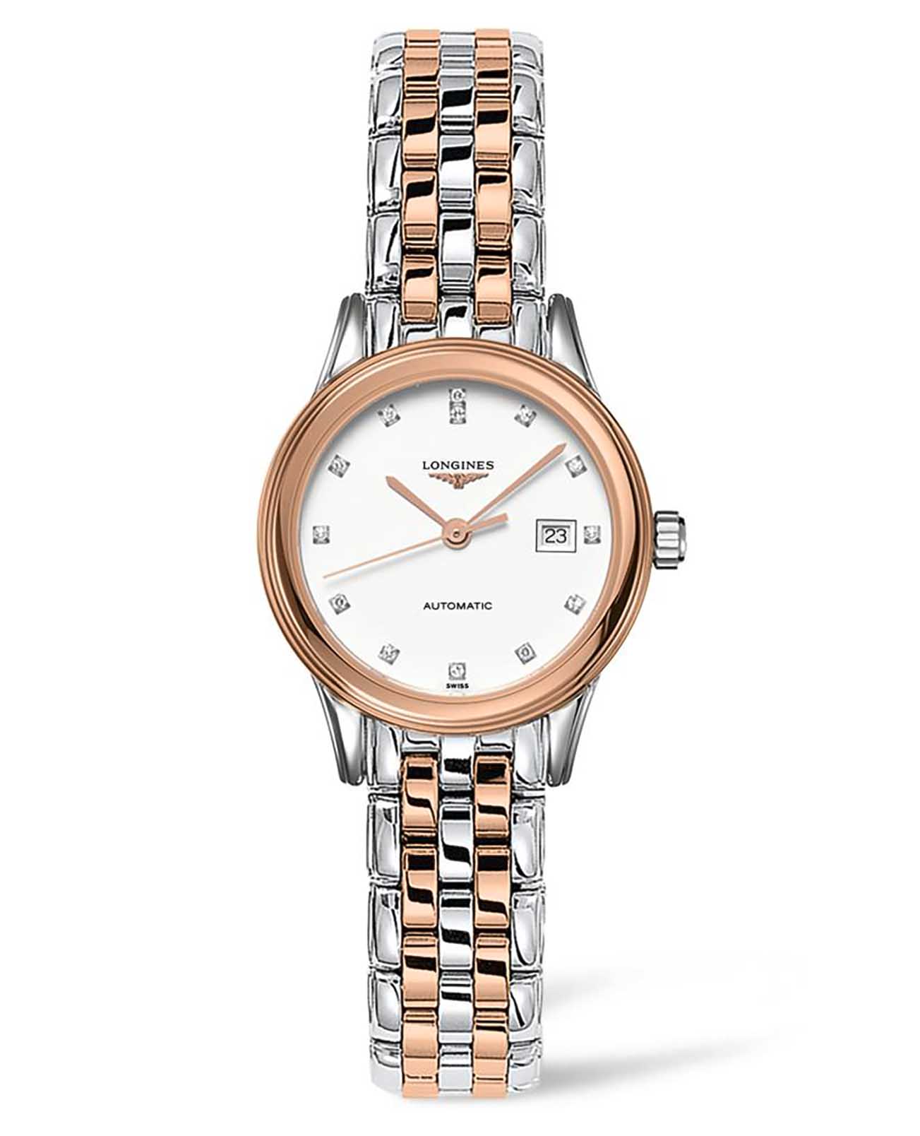 Longines Longines Flagship L4.374.3.99.7  L43743997 механические женские часы белый циферблат, браслет сталь c pvd покрытием — вид спереди